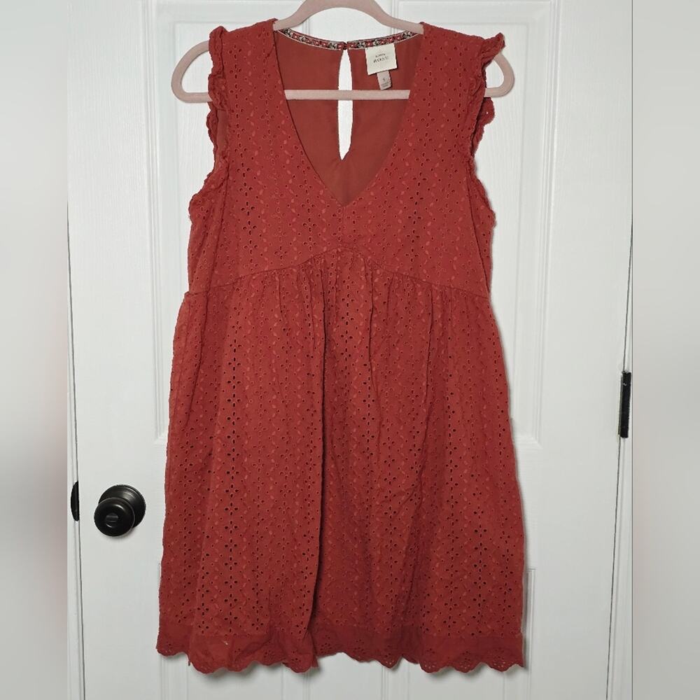 Knox Rose Rust Eyelet V-Neck Mini Dress Scalloped Hem Small